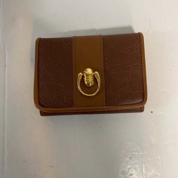 Women's Two-Tone Brown Gold Faux Leather Tri-Fold Wallet Small - Picture 2 of 8